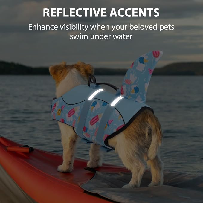 Shark Dog Life Vest for Swimming, Dog Life Vests for Boating, High Buoyant Dog Life Jacket, Ripstop High Flotation Swimsui for Small, Medium, Large Dogs (Blue Ice Cream,XS)