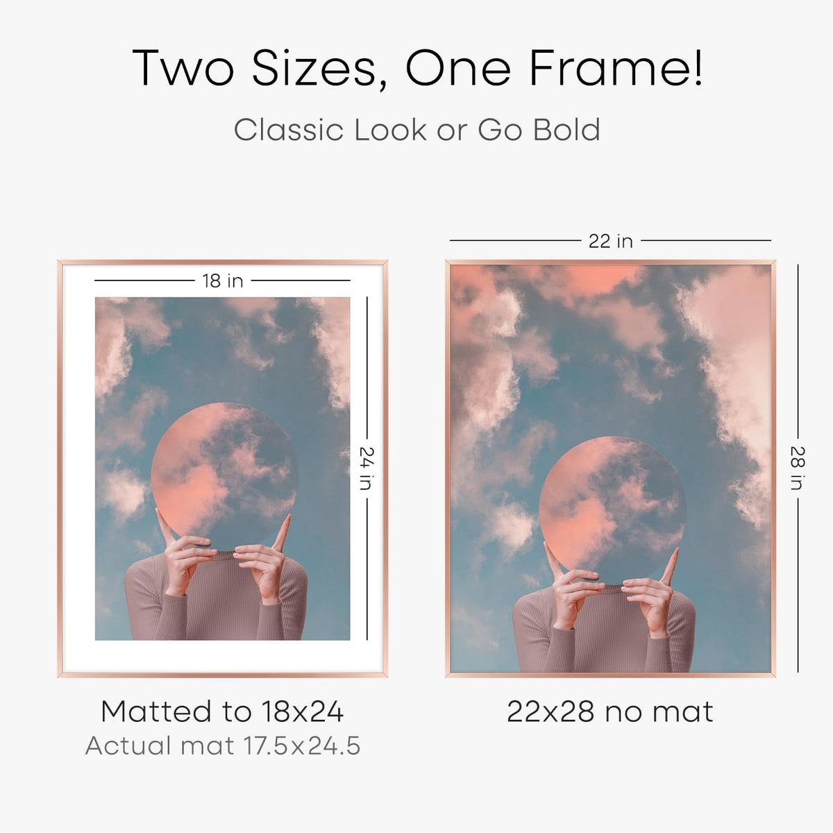 Homeforia 22x28 Rose Gold Picture Frame, High End Metal 22x28 Poster Frames with Mat 18x24 inch Photo, 22 x 28 Thin Frame Matted to 18 x 24 Print, 28x22 Large Frame, Tempered Glass, Wall Kit, Set of 1