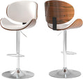 Adjustable Swivel Bar Stools Set of 2, Modern Bentwood Barstool with Large Metal Base and Footrest, PU Leather Upholstered Bar Chair with Curved Back for Kitchen Island Dining Room, White