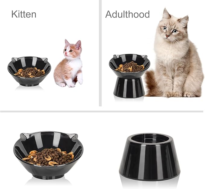 Detachable Elevated Cat Bowls, 15° Tilted Raised Cat Food Bowl Anti-Vomiting,Whisker Friendly, Adjustable Cat Dishes for Protecting Spine,Adult Kitten