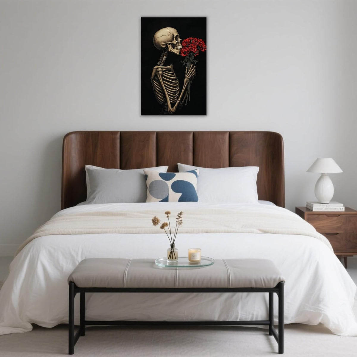 OAAPITI Red Rose Skull Wall Art Dark Themed Skeleton Painting Modern Artwork for Gothic Home Decor(Artwork-5,28"x42")