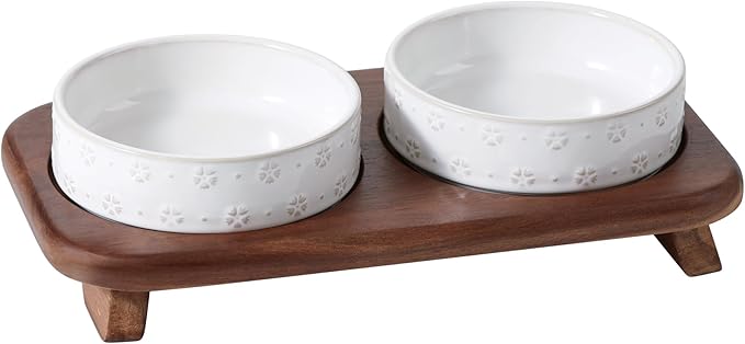 6.1inch Raised Double Cat Bowls Set with Acacia Wood Stand, Wide Whisker Friendly Ceramic Food & Water Bowls for Cats, Puppy, Kitty, Pet Bowl(Double Bowls+Stand, Arctic White)