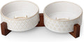MALACASA Dog Bowl Set with Walnut Wood Stand, 3.5 Cups Ceramic Pet Bowls for Puppy Dogs, Dual Food and Water Bowls with Non-Slip Base, Basic Bowls for Your Dog or Cat, Five-Leaf Grass & Honeycomb
