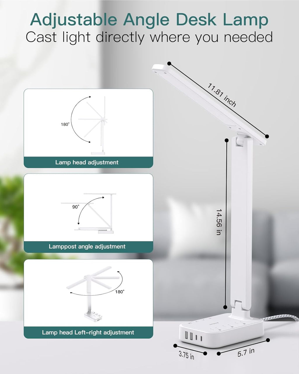 Addtam LED Desk Lamp, Power Strip with 3 Outlets 4 USB Charging Ports(2 USBC), 4 Modes 5 Level Brightness Touch Lamp, Small Desk Lamp for Home Office College Dorm Room Essentials, White