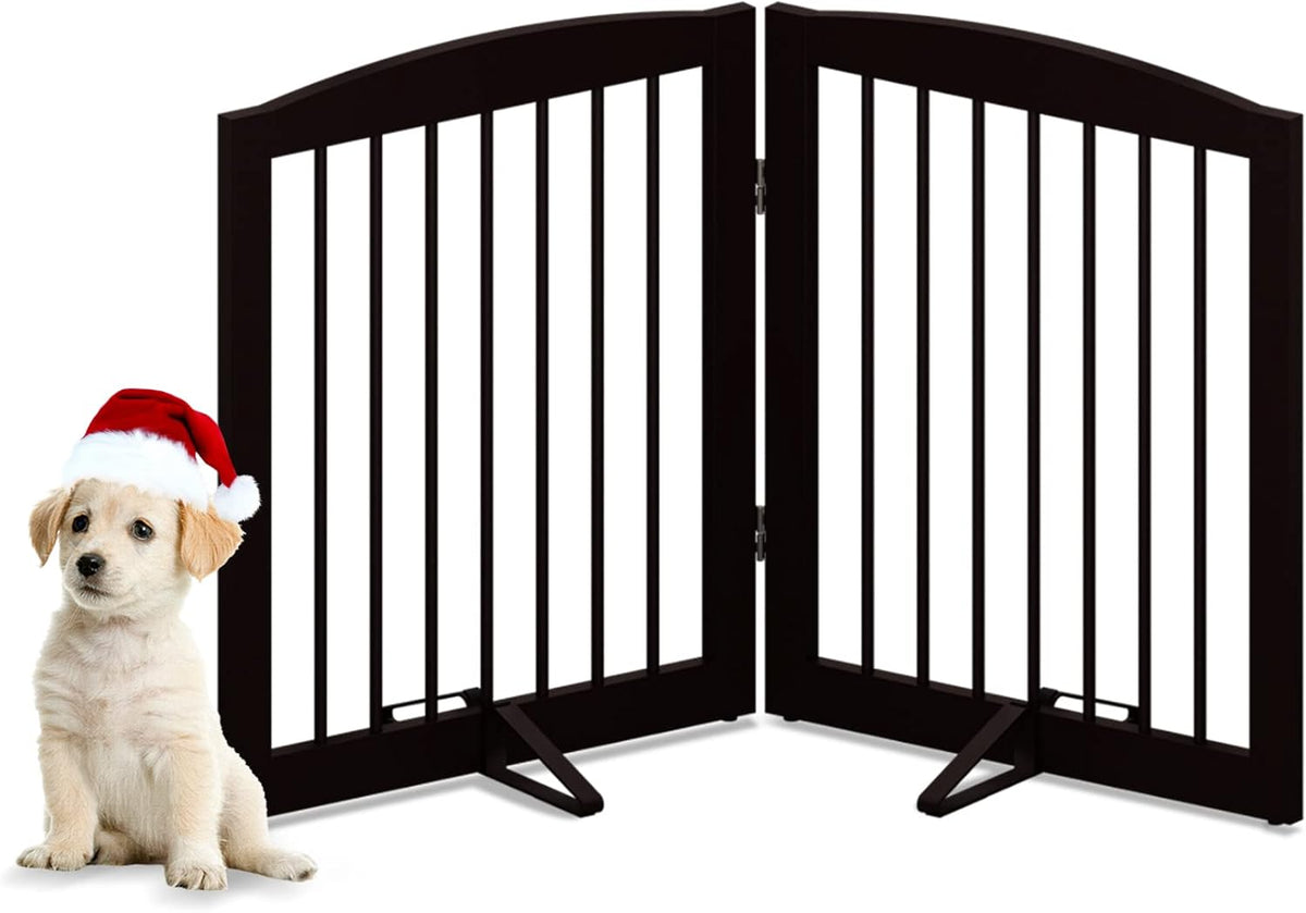 Freestanding Pet Gate for Dogs, Foldable Wooden Dog Gate for House, Indoor Pet Barrier for Stairs, Doorways, Support Feet Included, 24" Height 2 Panels, Brown