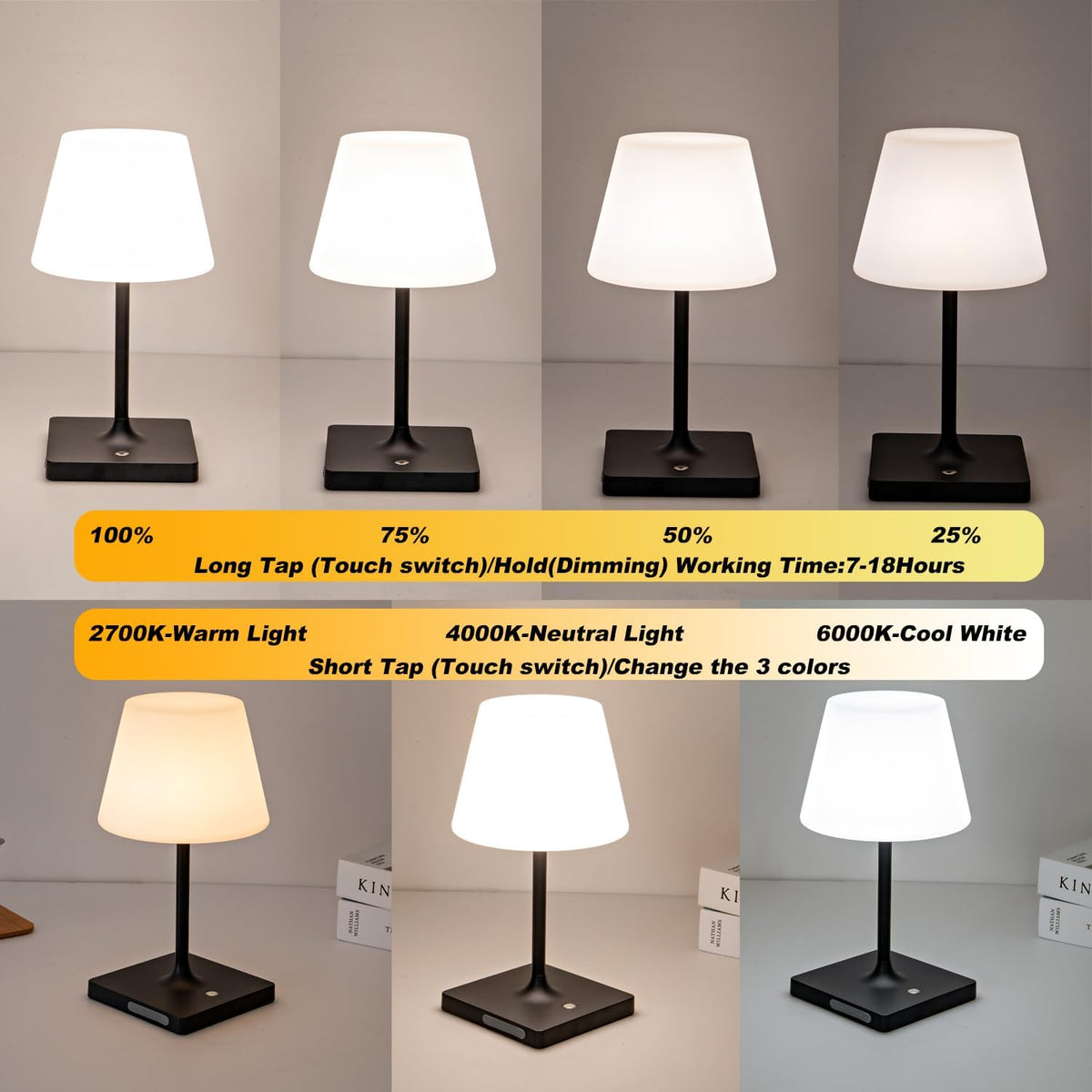 Outdoor Rechargeable Table lamp Cordless, Battery Operated Night Lights,Waterproof lamp for Shower,4000mAh LED 3 Colors Dimmable Touch Bedside Lamp for Coffee Shop Bath Patio -Black