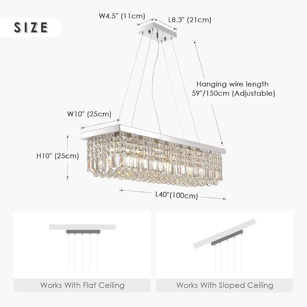 Siljoy Modern Rectangular Crystal Chandeliers 8 Lights Rectangle Raindrop Pendant Ceiling Light Fixture for Kitchen Island Dining Room, Adjustable Height, Polished Chrome Finish, L40 x W10 x H10