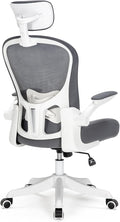 Ergonomic Office Chair with Adjustable Lumbar Support and Headrest, High Back Mesh Desk Chair for Home Office,Flip-Up Arms 90-120° Tilt Lock Rolling Swivel Task Chairs (White-Grey6065)