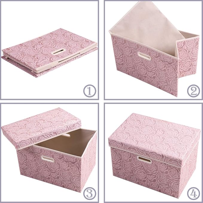 PRANDOM Larger Collapsible Storage Boxes with Lids Fabric Decorative Bins Cubes Organizer Containers Baskets Handles Divider for Bedroom Closet Living Room Pink 17.7x11.8x11.8 Inch 3 Pack