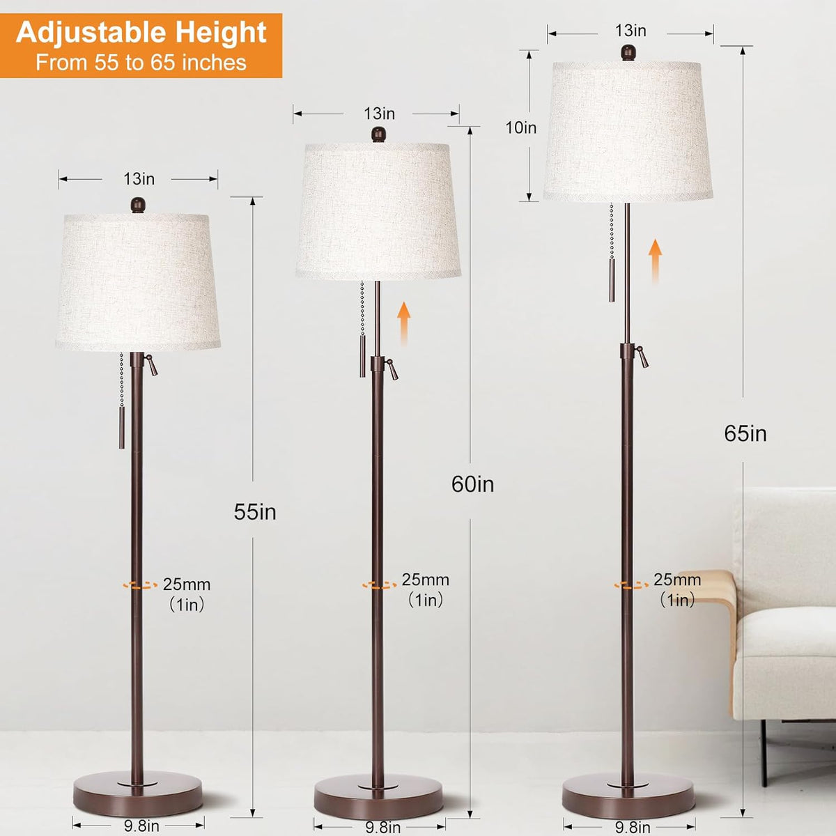 Modern Floor Lamp Adjustable Height Standing Lamp Tall Lamp with 3 Color Temperatures Floor Lamps for Living Room Bedroom Office Beige Shade Bulb Included-Brown