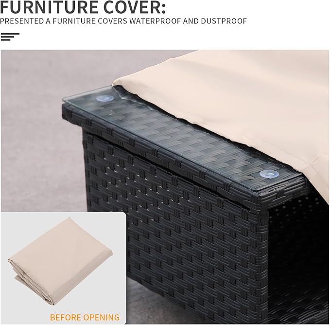 Outdoor Wicker Coffee Table Patio Furniture Garden Rattan 2-Layer Glass Table with Storage and Furniture Cover, Black
