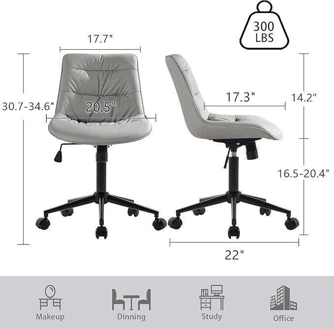 Kidol & Shellder Faux Leather Office Chair, Adjustable Swivel Height Task Chair, Rolling Wheels & Soft Backrest - Armless Ergonomic Desk Chair for Home, Office,Vanity,Gaming（Gray）