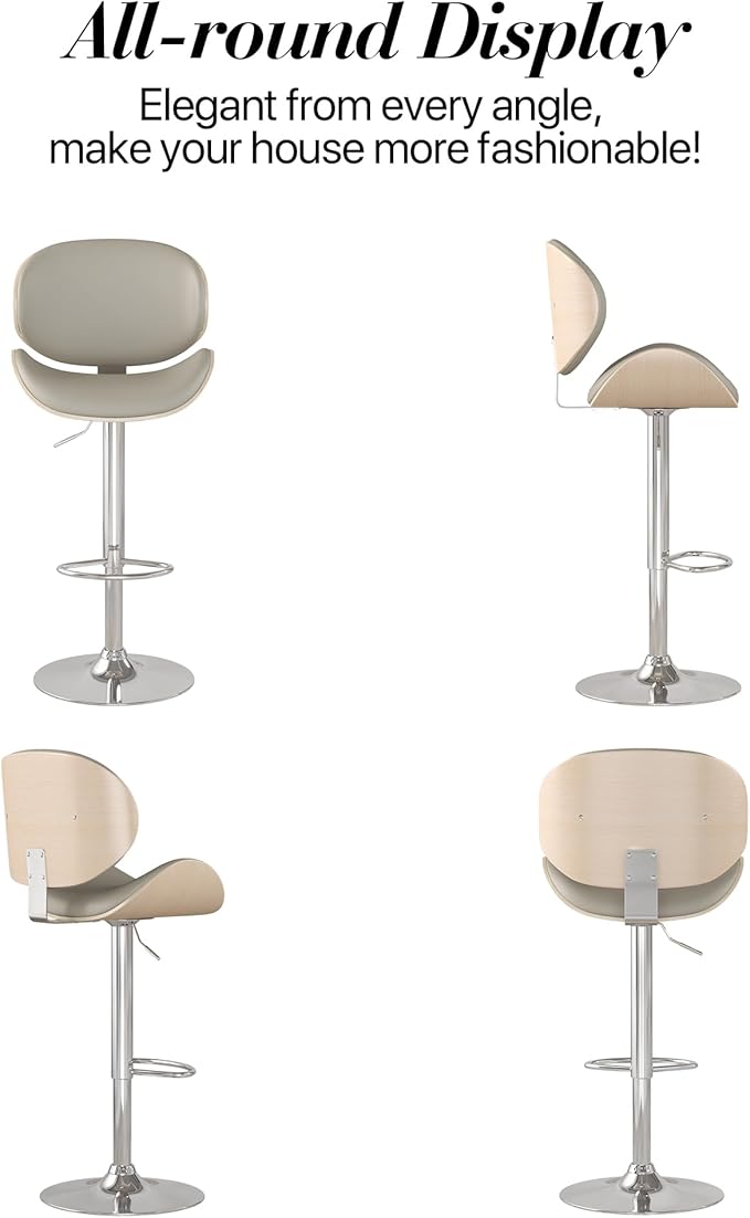 Adjustable Swivel Bar Stools Set of 2, Modern Bentwood Barstool with Large Metal Base and Footrest, PU Leather Upholstered Bar Chair with Curved Back for Kitchen Island Dining Room, Gray
