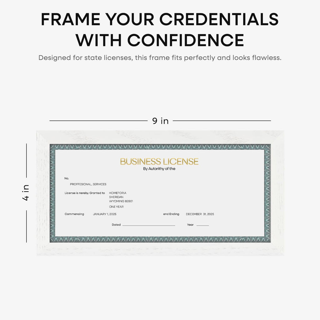 Homeforia 4x9 Business License Frame White, High End Oak 4 x 9 White Wood Certificate Frames, 9x4 Wooden Document Frames for Wall or Tabletop, 4 by 9 Picture Frames, Tempered Glass, Wall Kit, Set of 1