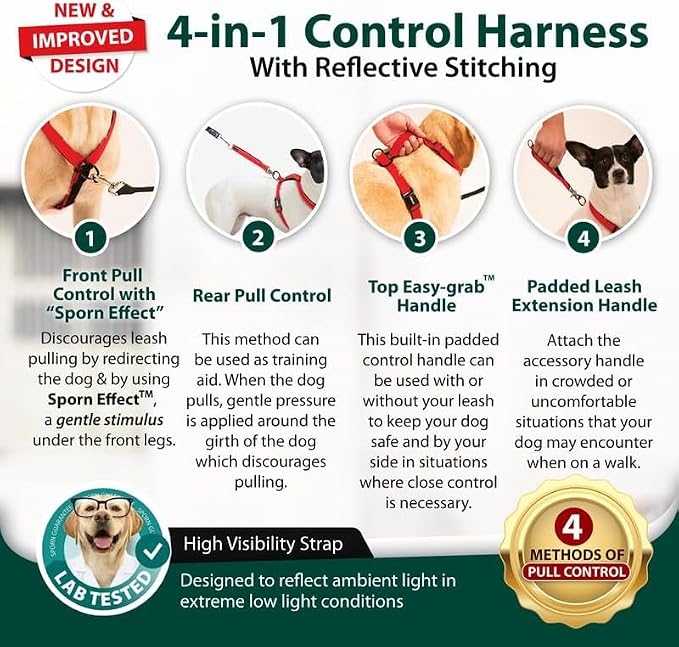 SPORN Ultimate Control No Pull Dog Harness for Large Dogs - 4-in-1 Adjustable L/XL Dog Harness with Front, Back & Dual-Clip Options & Emergency Grab Handle - Easy On/Off, Padded Comfort (Red, L/XL)