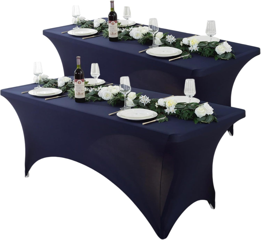 Craft And Party 2 Pack 6ft Navy Blue Spandex Tablecloth – Fitted Stretch Cover – Universal Fit for Folding Tables – Wrinkle-Free, Washable – Ideal for Parties, Weddings, Events