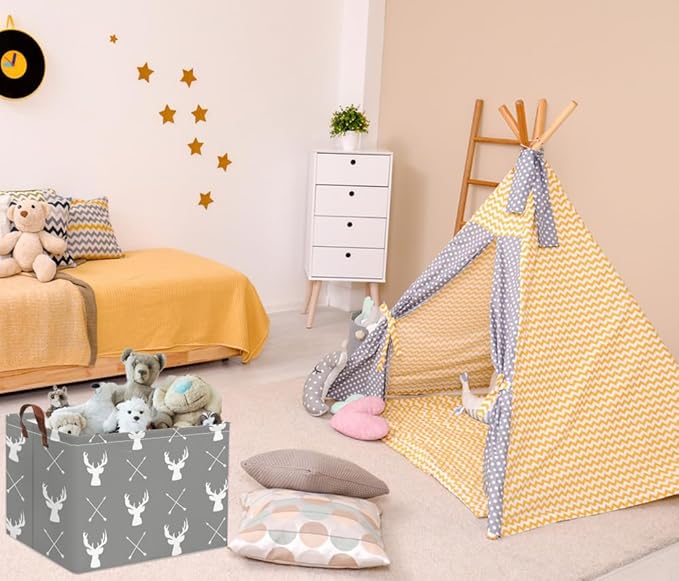 HIYAGON Baby Basket Cute Toy Bin for Boys and Girls Kids Storage Bin Organizer Box Gift Basket Empty Rectangular Deer Room Decor for Home(Grey deers)