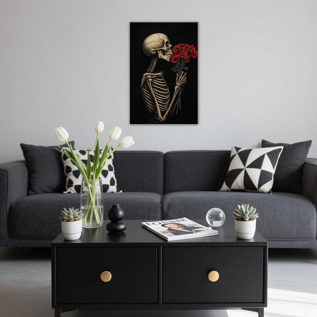 OAAPITI Red Rose Skull Wall Art Dark Themed Skeleton Painting Modern Artwork for Gothic Home Decor(Artwork-5,28"x42")