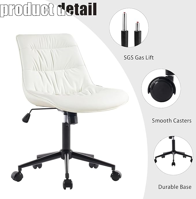 Kidol & Shellder Faux Leather Office Chair, Adjustable Swivel Height Task Chair, Rolling Wheels & Soft Backrest - Armless Ergonomic Desk Chair for Home, Office,Vanity,Gaming（White）