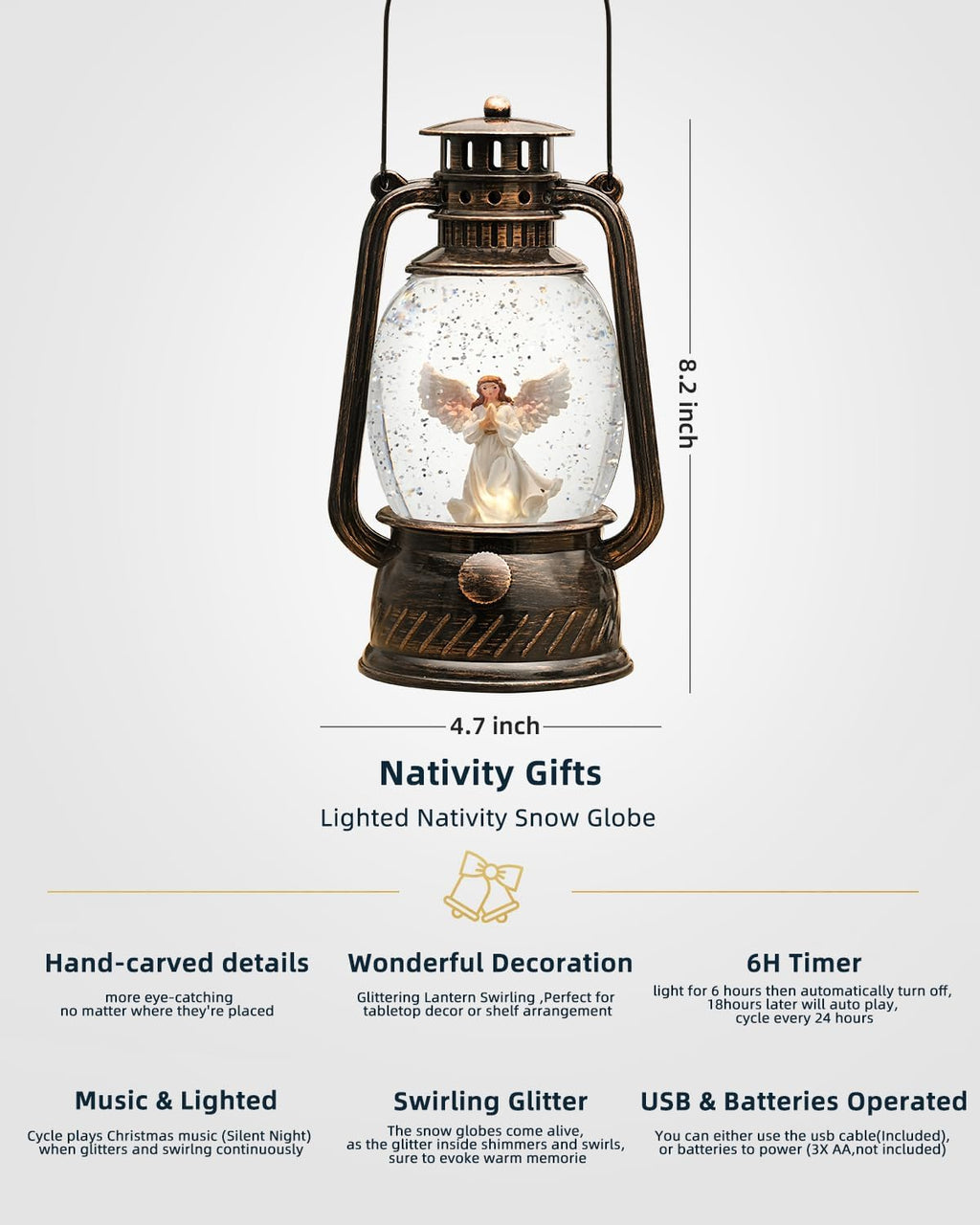 Christmas Decorations Indoor-Musical Snow Globe Christmas with 6H Timer,Angel Lighted Scene Snow Globes Lantern USB or Battery Powered,Christmas Decorations Decor for Home