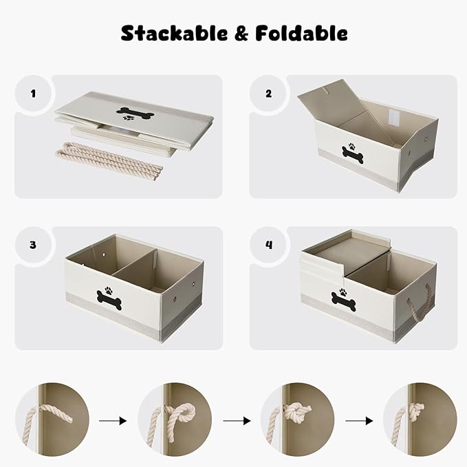 Dog Toy Basket with Double-Open Lid, Divided Dogs Basket for Toys, Collapsible Pet Toys Box, Dog Storage Organizer with 2 Divided Area, Puppy Toy Baskets with Rope Handles, Beige & Gray