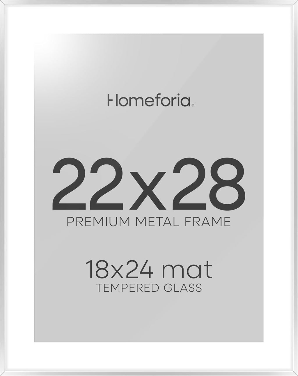 Homeforia Silver 22x28 Picture Frame, Rectangular Metal Poster Frame with Mat, 22 x 28 Frame Matted to 18 x 24 Photo, Wall Mount, Minimalist Style, Tempered Glass, Wall Hook Included