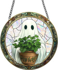 Halloween Sun Catcher - 8 Inch Round Suncatcher for Window Hanging Decoration - Creates Indoor Rainbows Light Refraction - Spooky Ghost, Witch, Pumpkin Design - Suction Cup Hook & Chain
