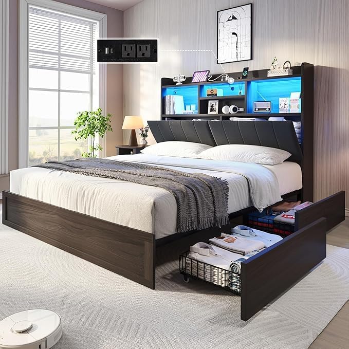 Queen Farmhouse Bed Frame with Bookcase Headboard and 4 Drawers, LED Storage Bed with Charging Station & Linen Upholstered, No Box Spring Needed,Black
