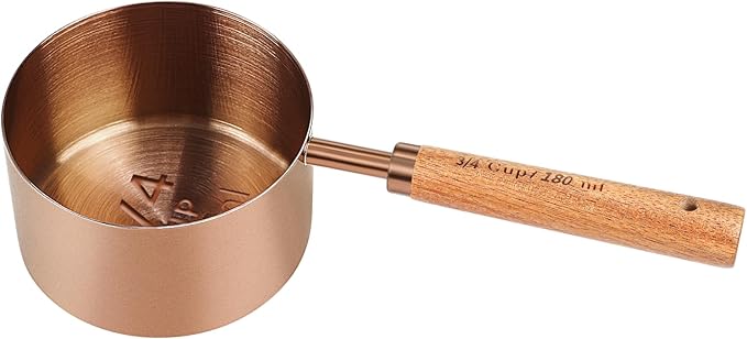 Measuring Cup with Wooden Handle, 3/4 Cup Titanium-plating 180ml Stainless Steel, Dog Food Scoop, Rose Gold