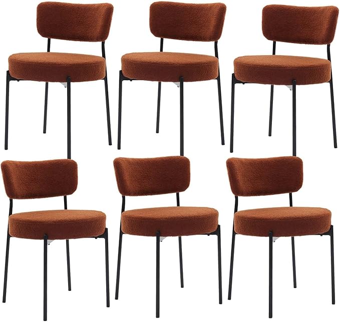 Brown Boucle Dining Chairs Set of 6, Upholstered Dinner Chair with Metal Frame, Dining Room Chairs with Padded Seat, Round Modern Seating for Living Room