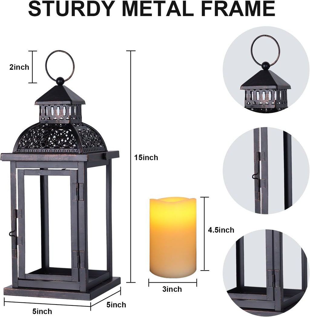 NEEDOMO Lanterns Decorative Indoor & Outdoor, 15'' Lantern with LED Candle, Vintage Metal Hanging Lanterns for Patio, Front Porch,Yard, Table, Spring (NO Glass)