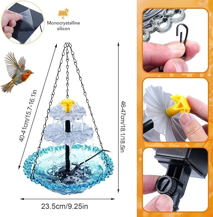 Solar Fountain for Bird Bath，Solar Cascade Hanging Bird Bath Fountain，Large Humming Birds Baths Fountains, with Solars Pump & Glass Bowl, for Outdoor, Gardens (Pink)