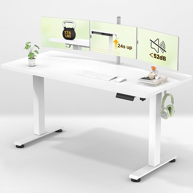 Veken 55 Inch Large Electric Standing Desk,Sit to Stand Up, Heights Adjustable, Work Home Office Computer Table for Study, Walking Pad, Writing, and Games, Wooden Desktop Desks, White