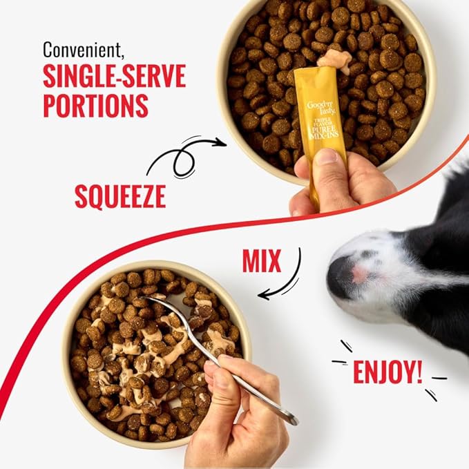 Good 'n' Tasty Triple Flavor Puree Mix-Ins Variety Pack Dog Food Topper Treats for All Dogs, 84 Count, Easy Single-Serve Portions, Added Protein with Chicken, Salmon, Duck, Beef and Rabbit