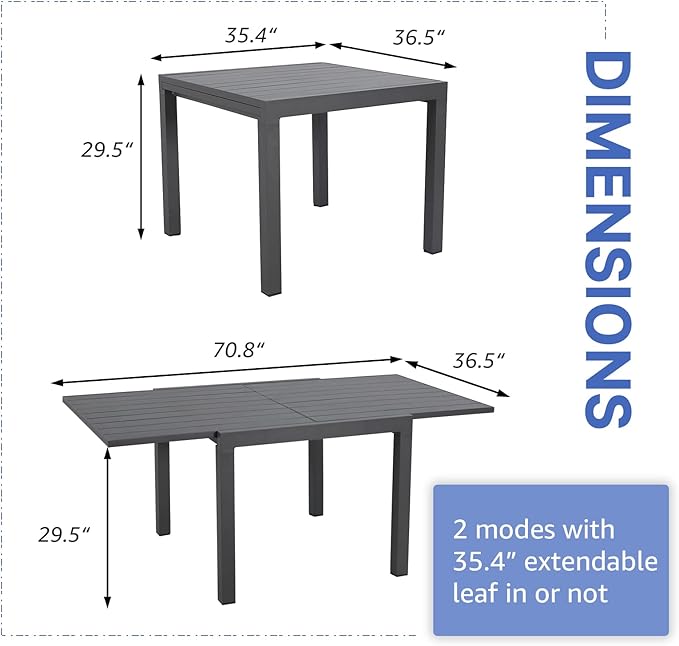 Soleil Jardin Aluminum Patio Extendable Dining Table, 35" - 71", Adjustable Indoor Outdoor Furniture Rectangle Table for 4-6 Person Porch Deck Garden,Dark-Grey