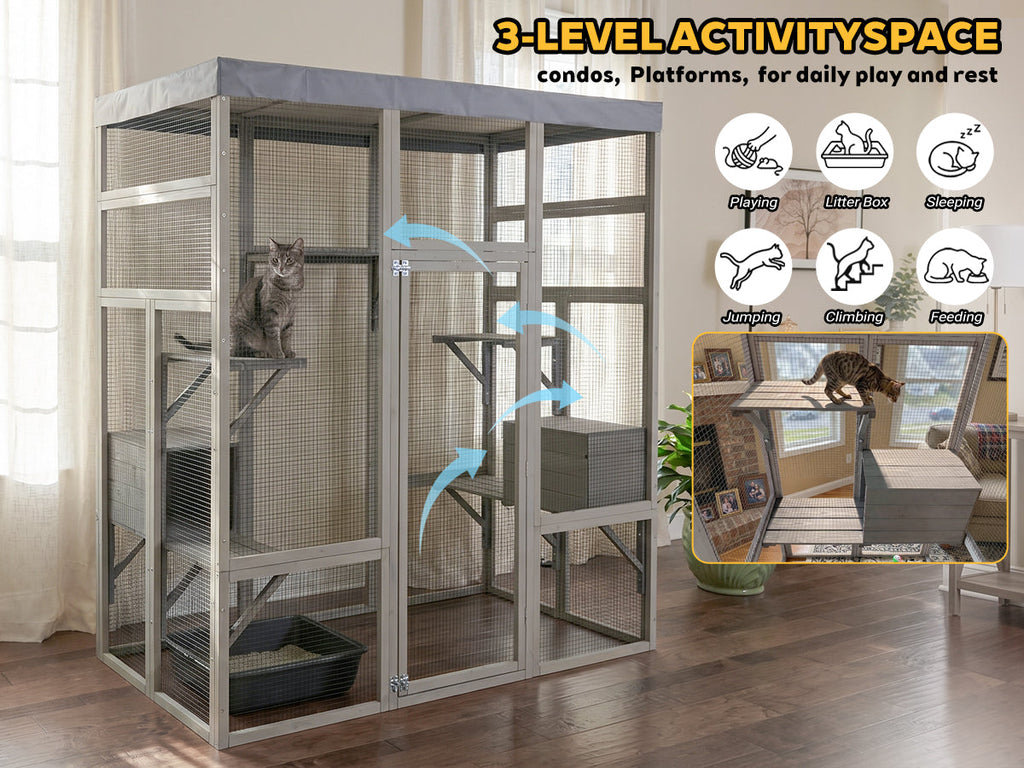 Gray Wooden Catio Pet Enclosure with Waterproof Top, Spacious and Secure Cat House & Small Animal Cage,2 Napping Boxes