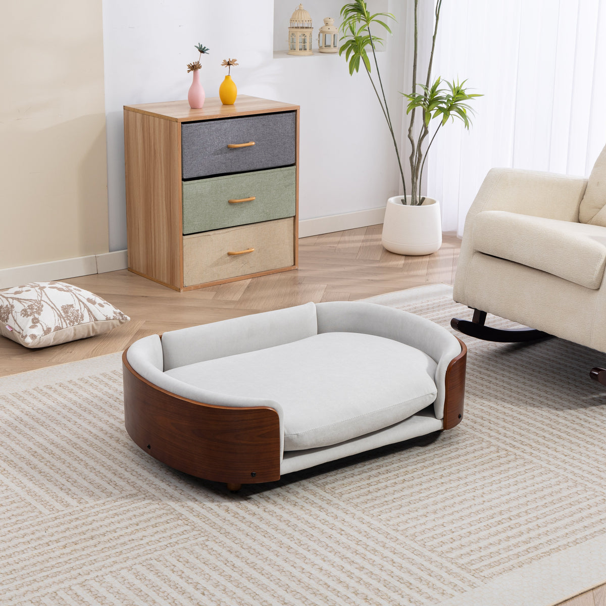 Scandinavian style Elevated Dog Bed Pet Sofa With Solid Wood legs and Walnut Bent Wood Back, Velvet Light Gray,Large Size