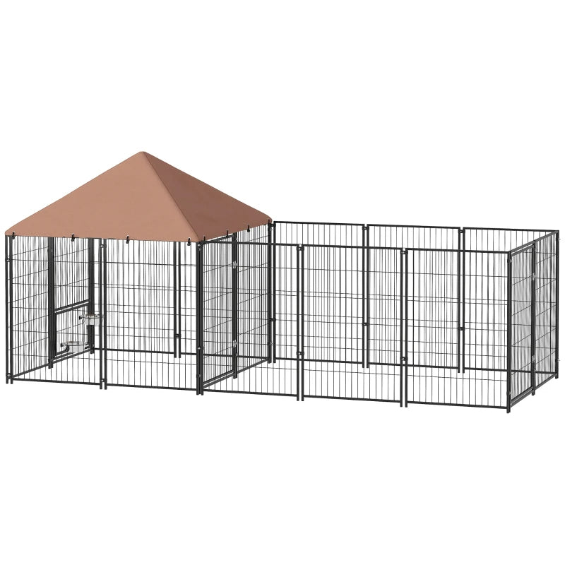 Large Outdoor Dog Kennel With Rotating & Adjustable Height Bowls, Waterproof & UV-Resistant Canopy