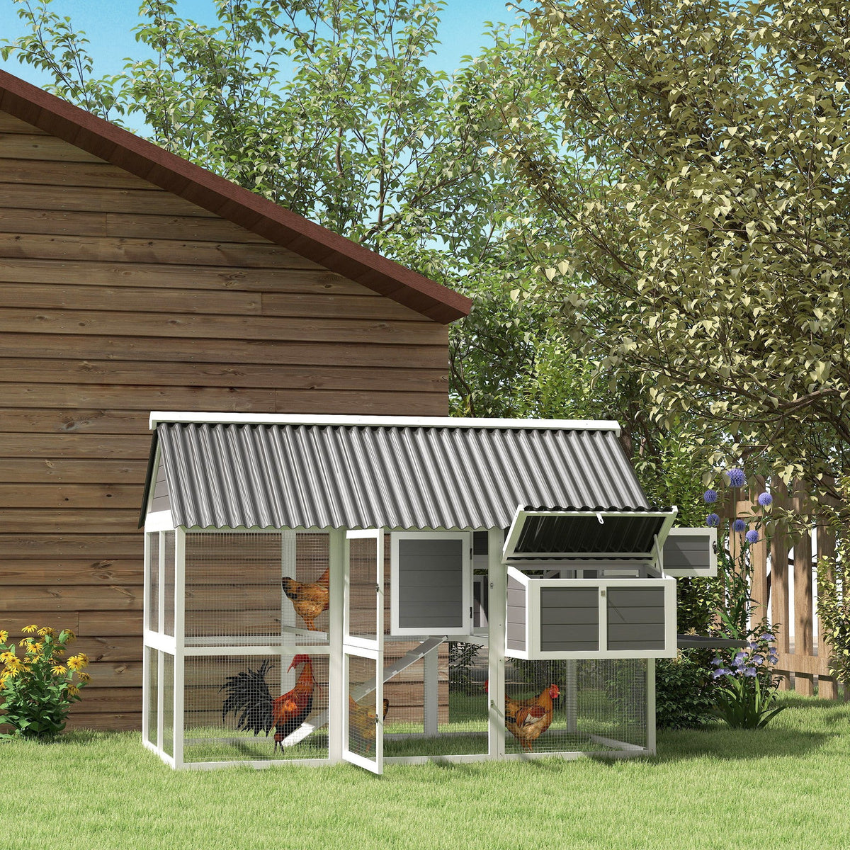 Wooden Chicken Coop with Run, 2 Nesting Boxes, 2 Roosting Bars, Ramp & Tray, Poultry Cage for 4-6 Chickens, Gray
