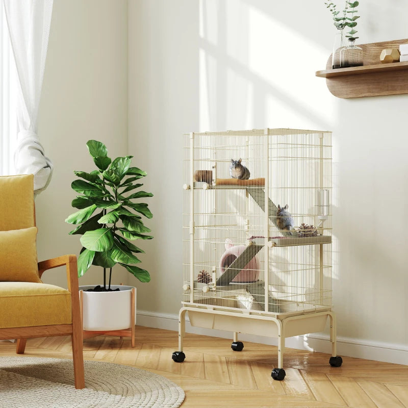 47inch Small Animal Cage, 4 Levels Large Rolling Metal Ferret Cage W 5.9Deep Tray, Ramps, Water Bottle, Food Dish, Beige