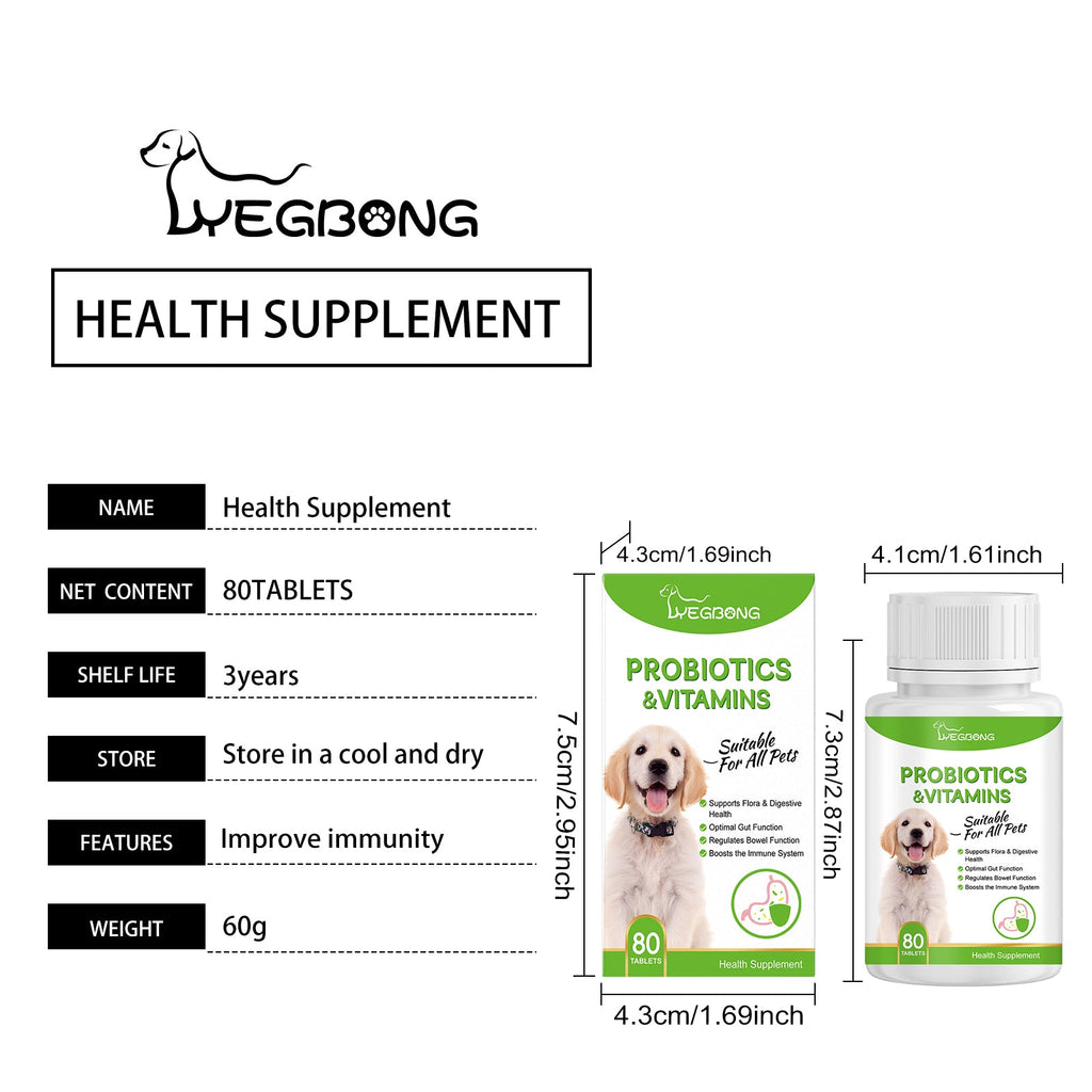 Pet Probiotics & Vitamin Tablets For Dogs & Cats, Gut Health Supplement, Support Digestion & Immune System, 80 Chewable Tablets