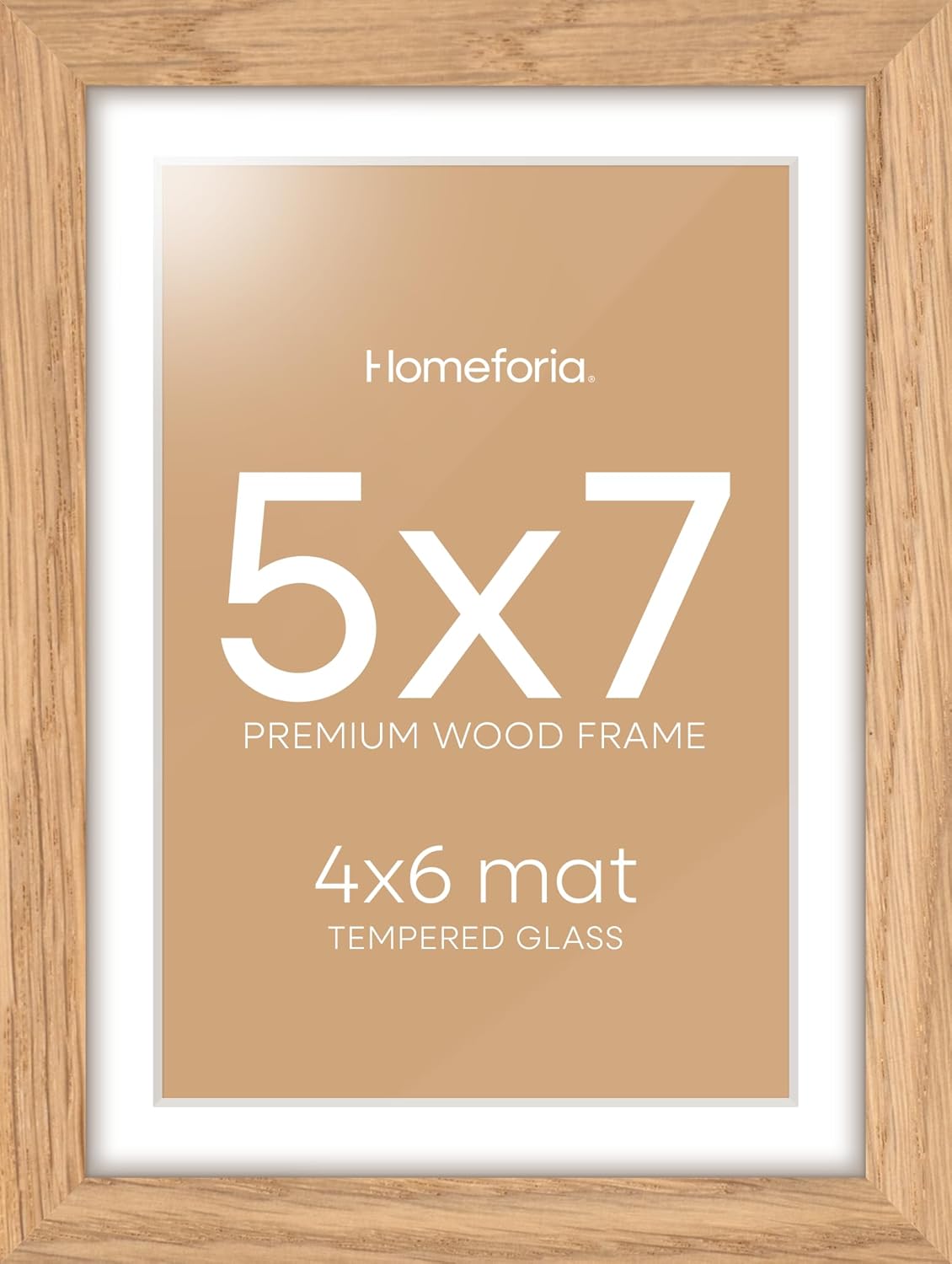Homeforia 5x7 Picture Frame Wood, High End Natural Oak 5x7 Light Wooden Frames with Mat 4x6 for Photo, 5 x 7 Frame Matted to 4 x 6 Print, 7x5 Wall or Tabletop Frame, Tempered Glass, Wall Kit, Set of 1