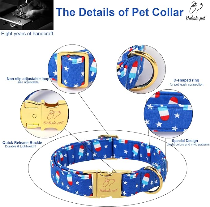 4th of July Dog Collar, Blue Flag Popsicle Patriotic Pet Collar with Metal Buckel, Adjustable Summer Holiday Dog Collars for Small Medium Large Dogs XL