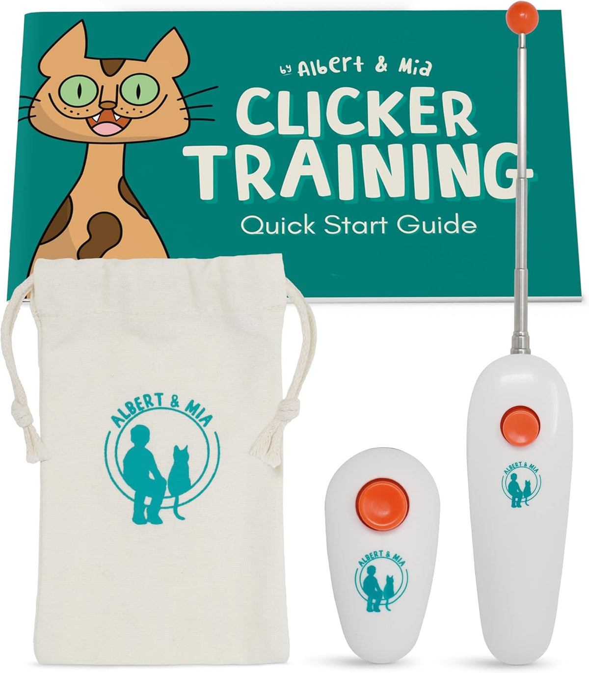 ALBERT & MIA Cat Training Kit (4 Pieces) - Quiet Clicker + Target Stick Clicker + Treats Pouch + Cat Clicker Trainer Start Guide (Beginner to Expert Pet Trainer) - Kitten & Dog Training Clicker Kit