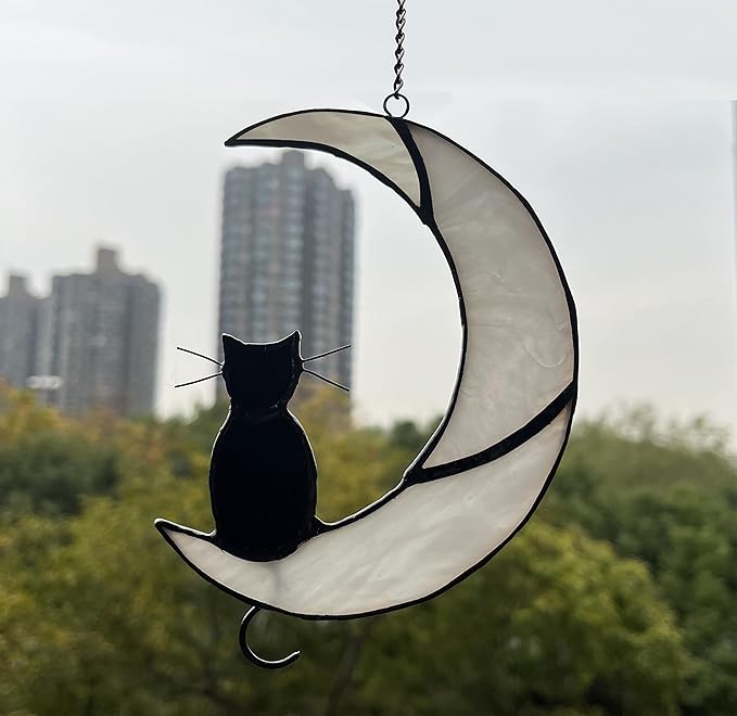 Black Cat Decor On White Moon Stained Glass Window Hanging Suncatcher for Windows Panels Sun Catcher Halloween Ornament Decoration Memorial Gift for Lover Cat Loss