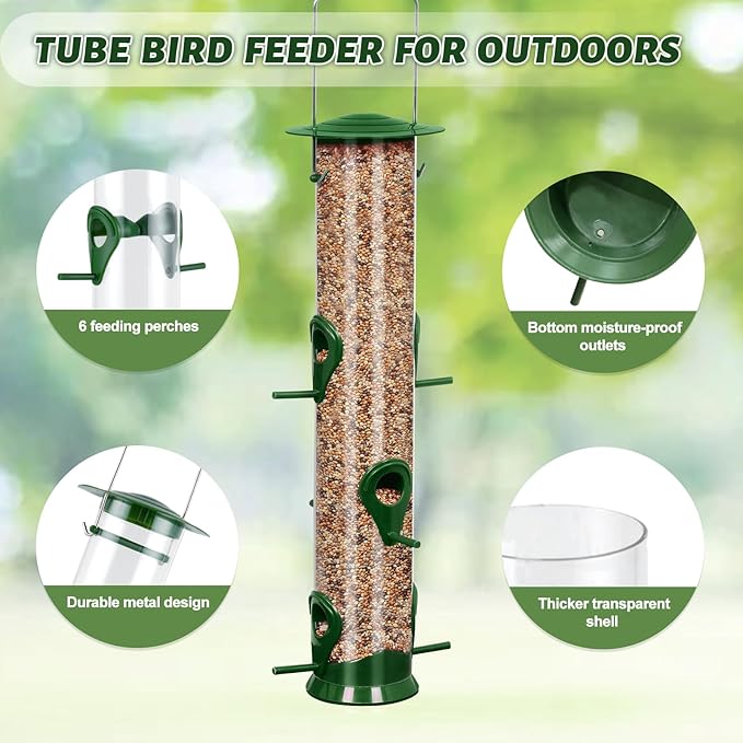 2 Packs Green Bird Feeder Tube Hanging Feeders, 6 Port Wild Bird Feeders Premium Hard Plastic with Steel Hanger Weatherproof and Water Resistant Great for Attracting Birds 18.2 Inches Large
