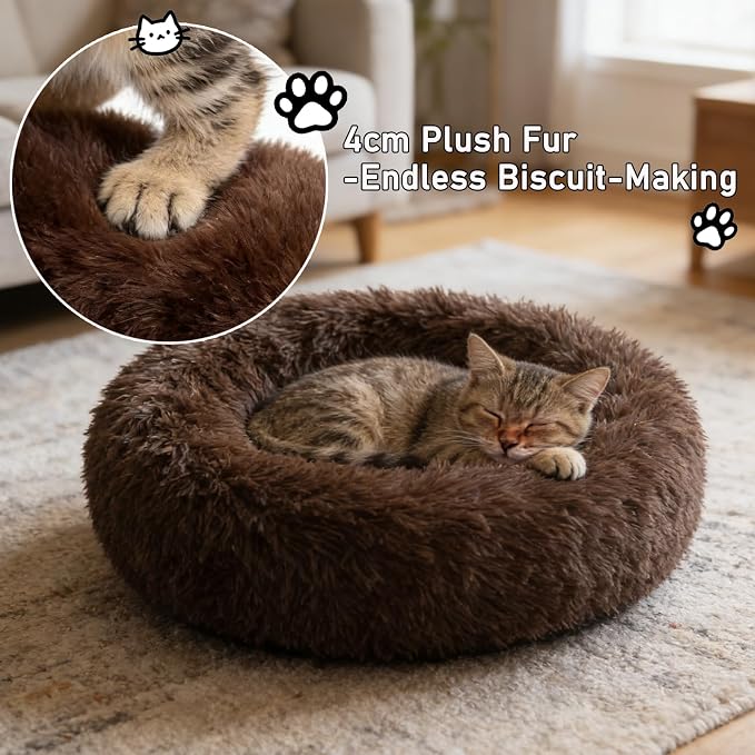 Calming Donut Dog Bed Medium Size Dog - Washable Removable Cover Non-Slip Bottom, Round Pet Bed Cat Bed Warming Fluffy Plush Faux Fur Anti-Anxiety, Fits up to 45 lbs (Coffee, 30")