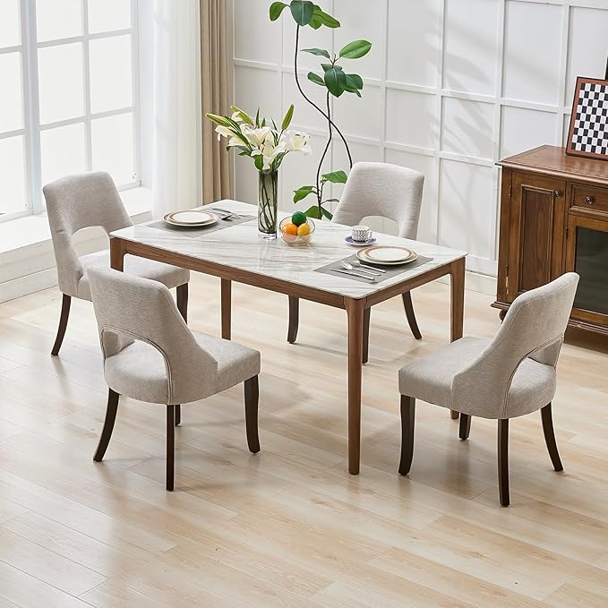 UVV Wooden Dining Chairs Set of 2, Mid Century Modern Upholstered Dining Room Chair Kitchen Chairs, Chenille Dinner Chair with Solid Wood Legs for Kitchen Dining Room, Light Grey-Chenille