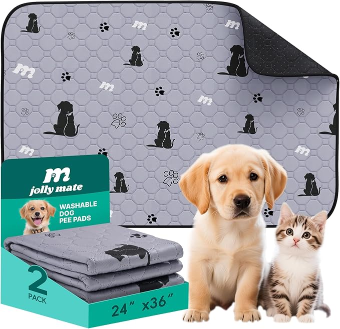 JollyMate 24"x36" Washable Pee Pads for Dogs, Ultra-Absorbent and Leak-Proof Reusable Pee Pads, Non-Slip Reusable Puppy Pads, Waterproof Dog Pee Pads, 2 Pack