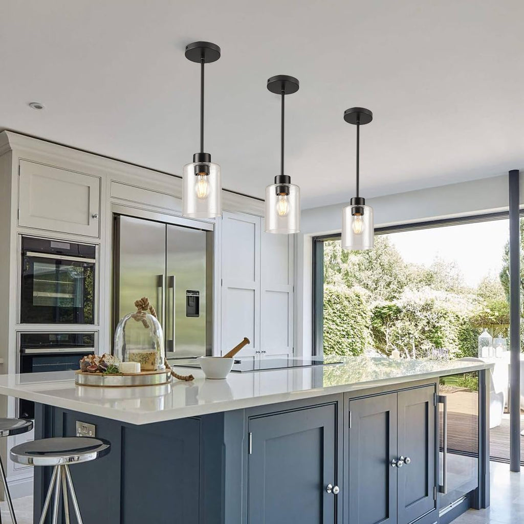 Black Pendant Lights Kitchen Island - Seeded Glass Pendant Light Fixture Multiple Stems Rods (3 Pack with Rod seeded Glass)
